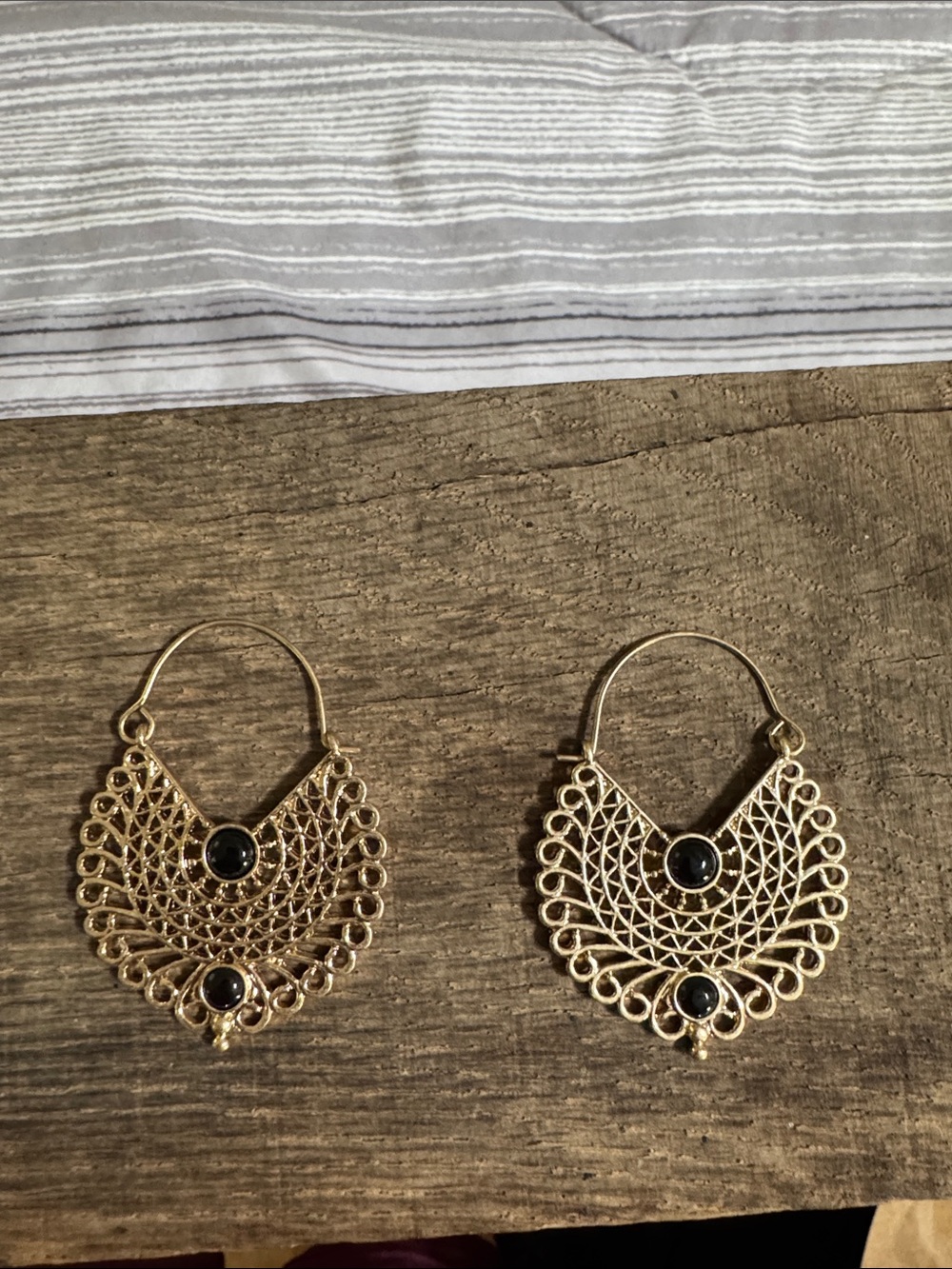 ParkLane Gold Filigree Hoop Earrings with Black Stones - Women's Jewelry